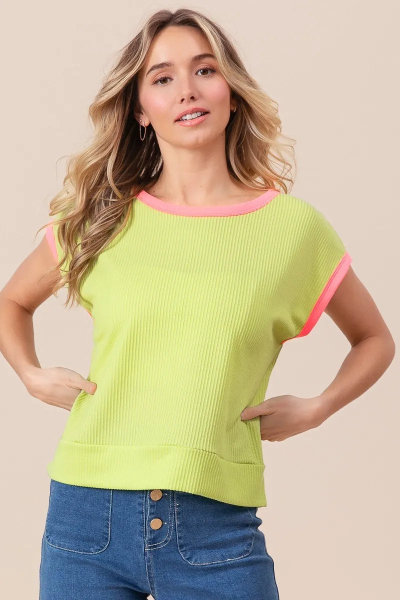 BiBi Cord Rib Knit Contrast Banded Top - Love Salve